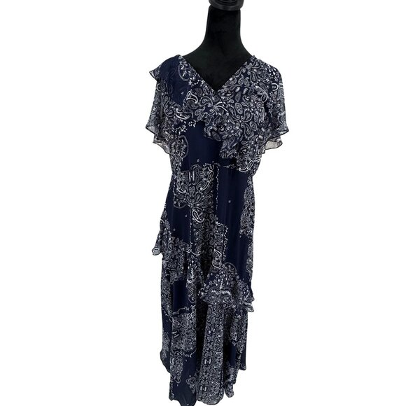 Chaps Maxi Dress Womens Size 12 Navy Paisley Ruffle Empire Waist Layered Flowy - Picture 3 of 8